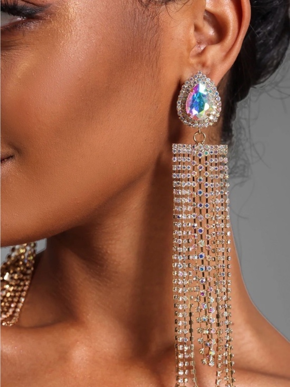 Gold Tassel Drop Earrings with Aurora Teardrop Crystal
